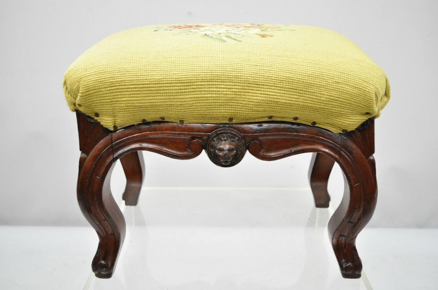 Antique Victorian Carved Walnut Figural Lion Female Face Small Footstool Ottoman