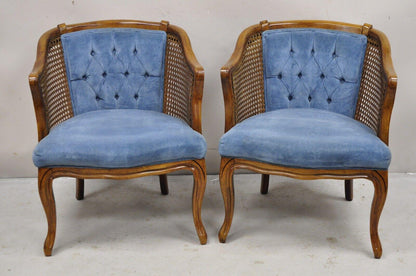 Vintage Hollywood Regency Cane Barrel Back Blue Club Lounge Chairs - a Pair