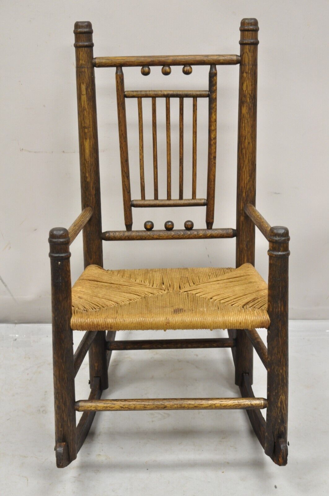 Antique Arts & Crafts Victorian Oak Wood Rush Seat Small Child's Rocking Chair