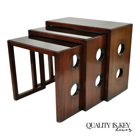 James Mont Mid Century Modern Mahogany & Glass Top Art Deco Nesting Side Tables