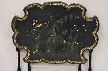 Victorian Black Ebonized Bird Painted Folding Side Table Mother of Pearl Inlay