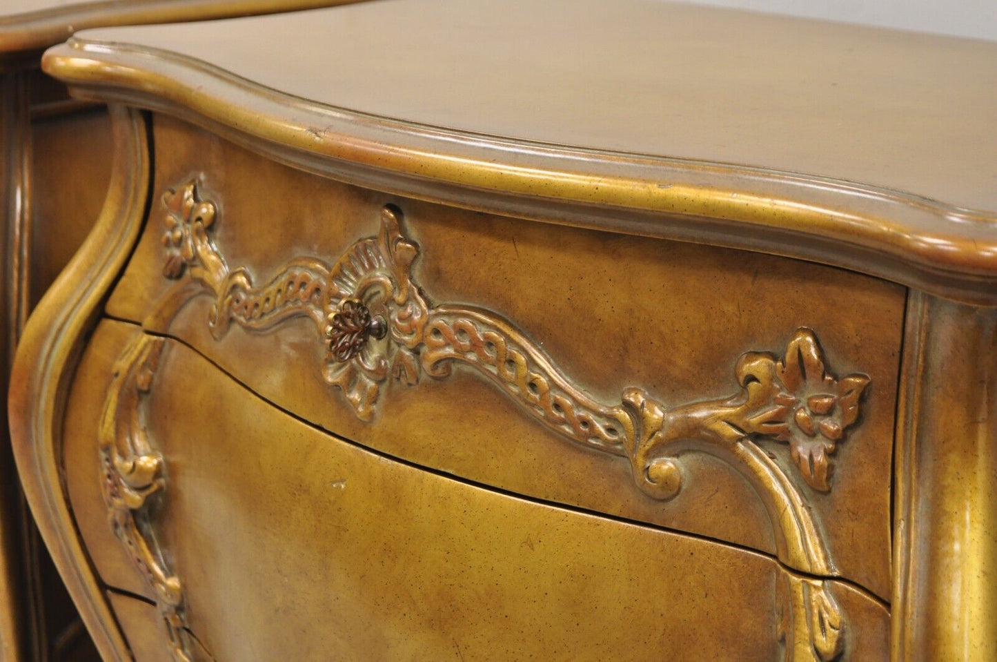 Vintage French Rococo Baroque Style Gold Gilt Bombe Nightstands -  a Pair