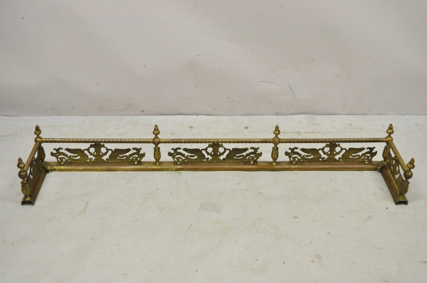 Antique Victorian Figural Swan Bird Twisted Brass 48" Fireplace Fender Hearth