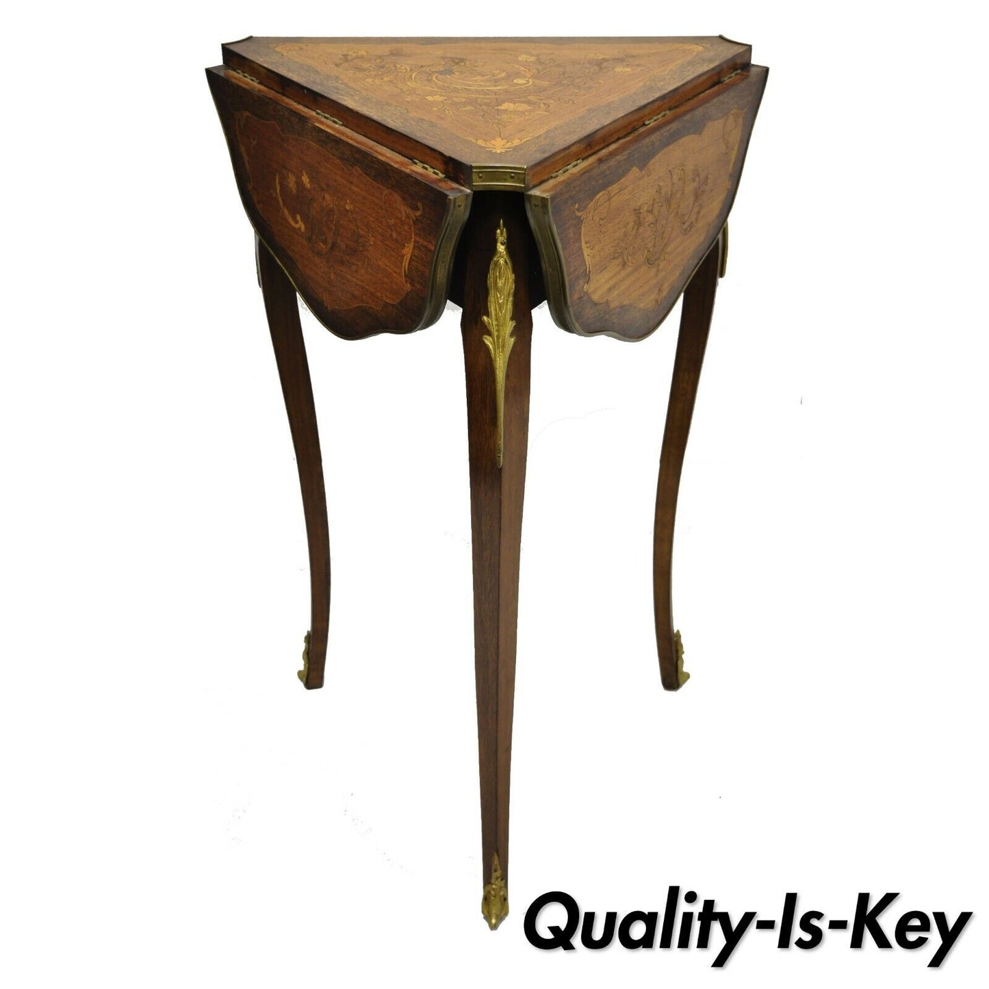 French Louis XV Satinwood Inlay Triple Drop Leaf Side Table with Bronze Ormolu