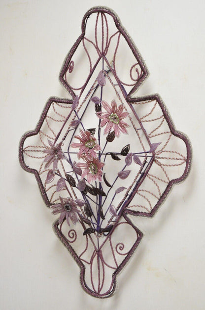 French Victorian Glass Beaded Purple Flower Casket Wreath Wall Sculpture (B)