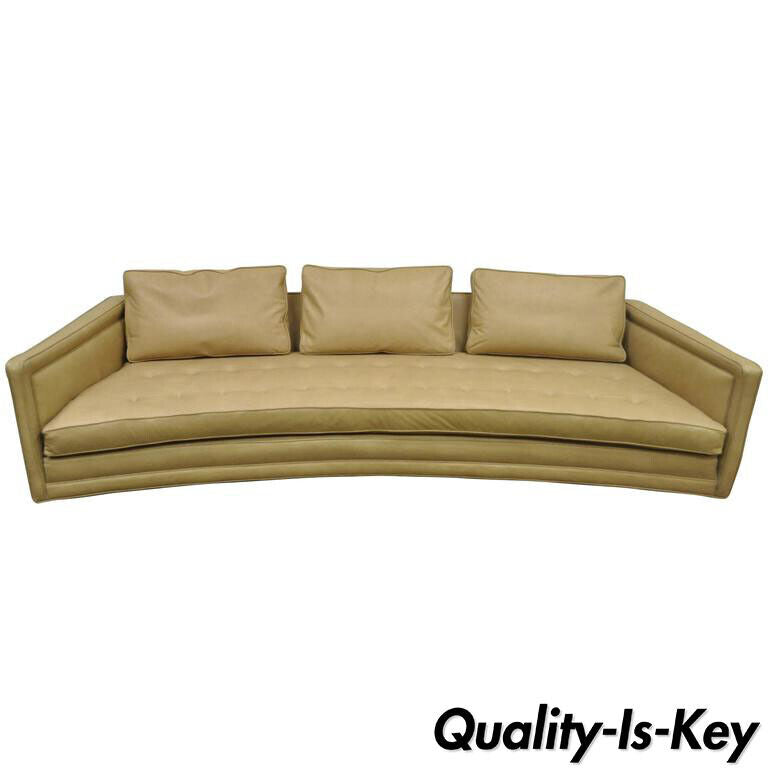 Harvey Probber Long Curved Button Tufted Beige Leather Mid Century Modern Sofa