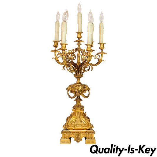 19th C. Figural French Louis XV Style Gilt Bronze Lion Candelabra Table Lamp