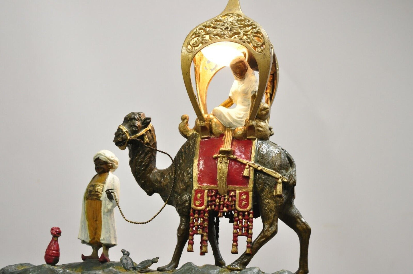 Austrian Orientalist Cold Painted Spelter Man and Camel Watering Hole Table Lamp