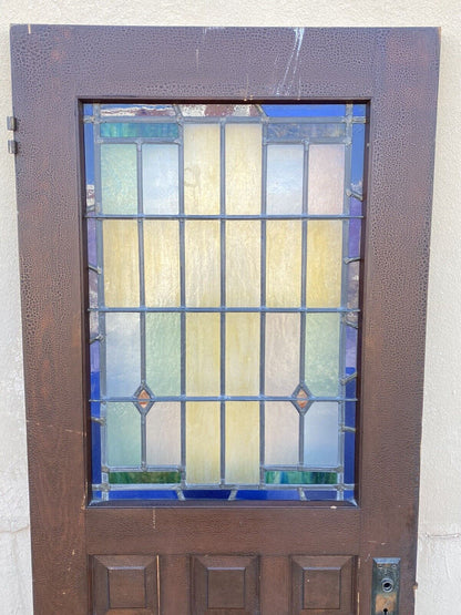 Art Deco Leaded Stained Glass Wooden House Front Door Pink Blue Yellow Green