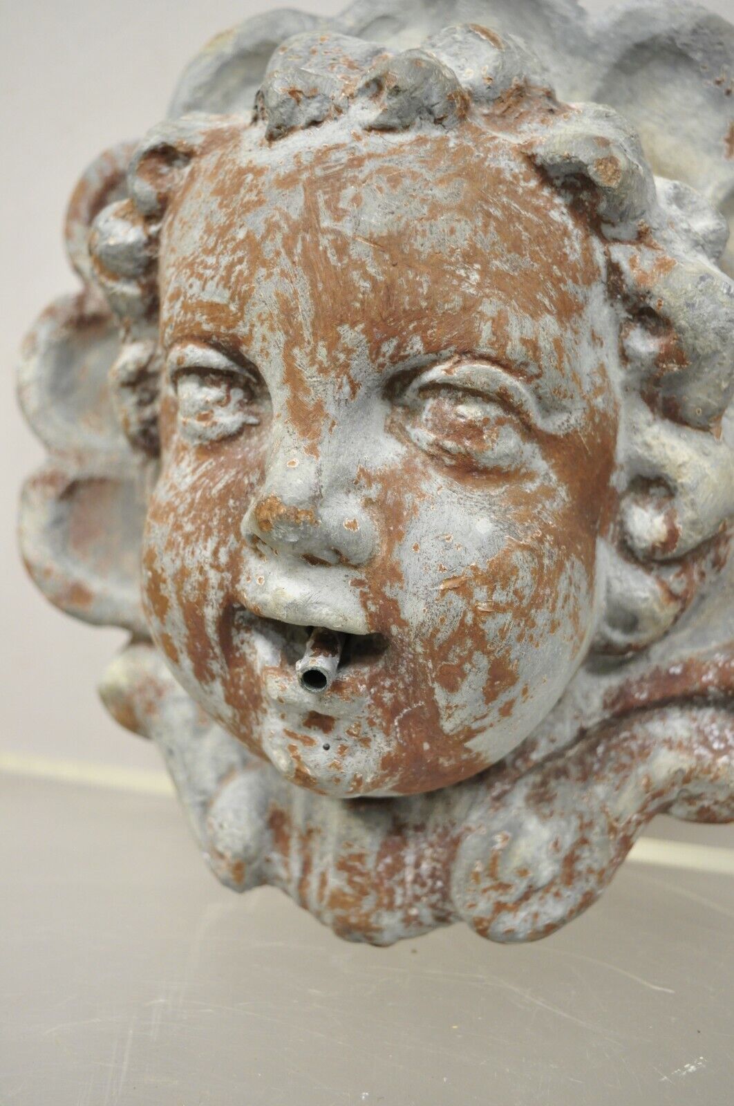 Antique French Neoclassical Small Lead Cherub Head Garden Wall Fountain