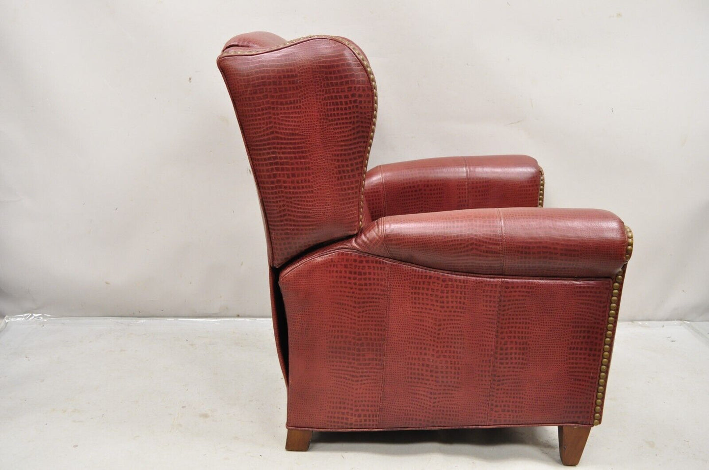 Ethan Allen Burgundy Red Croc Print Leather Upholstered Wingback Recliner Chair