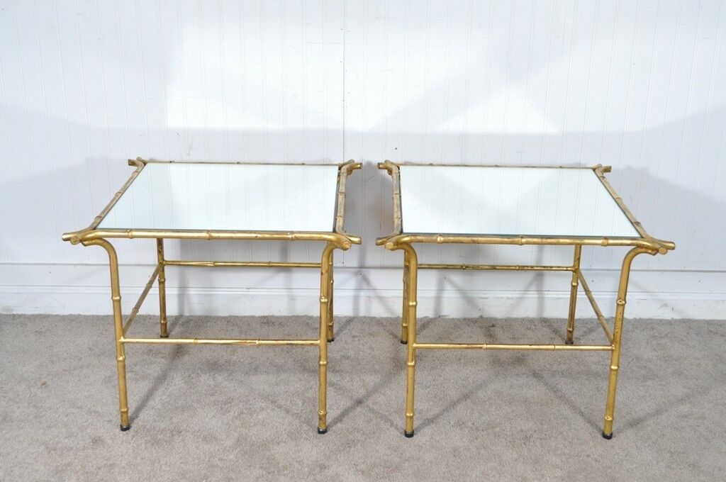 Pair Vintage Italian Hollywood Regency Faux Bamboo Gold Mirror Iron Side Tables