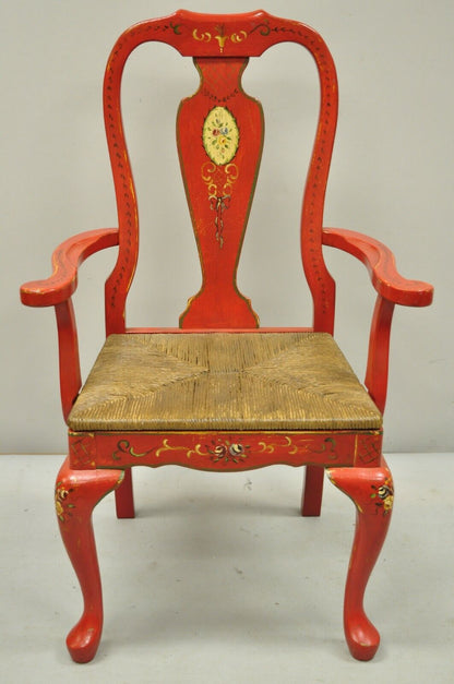 Pair of Vintage Queen Anne Style Green and Red Rush Seat Arm Chairs