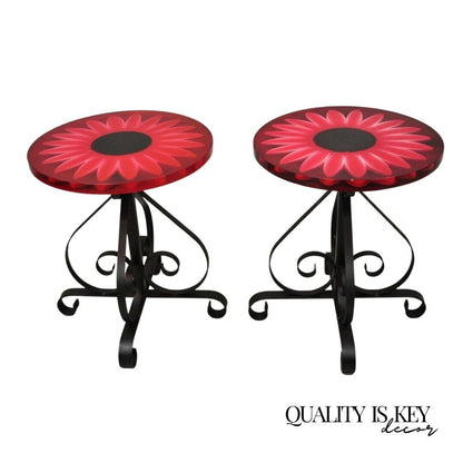 Vintage Wondermold Gamma Associates Red Resin Sun Flower Iron Side Tables - Pair