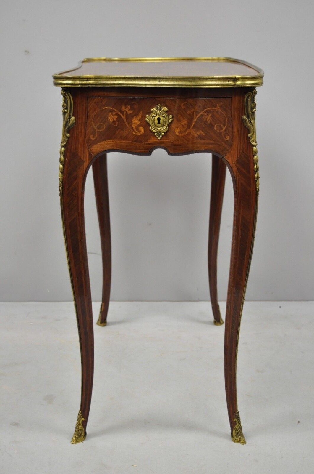 French Louis XV 2 Drawer Inlaid Table & Green Leather by C. Mellier & Co London