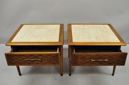 Pair of Mid Century Modern Lane Style Walnut & Travertine One Drawer End Tables