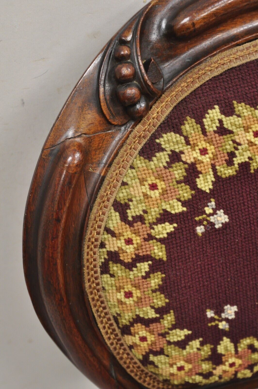 Victorian Burgundy Floral Needlepoint Carved Mahogany Balloon Back Side Chair