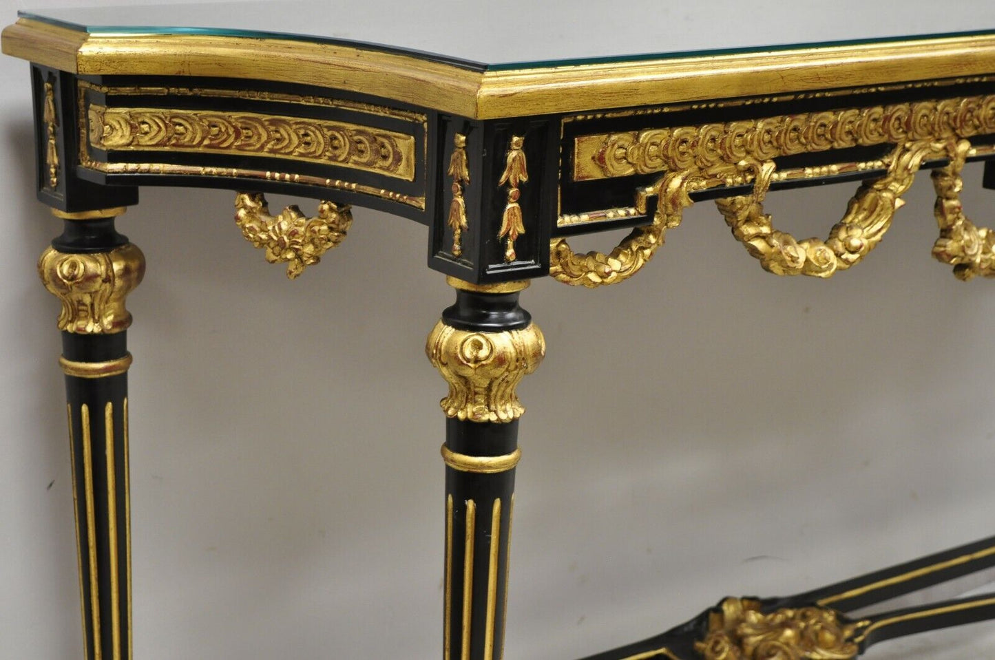 Labarge French Louis XVI Italian Black Lacquer Gold Gilt Jansen Console Table