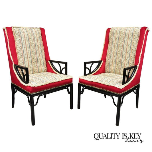 James Mont Style Black Chinese Chinoiserie Fretwork Red Lounge Chairs - a Pair