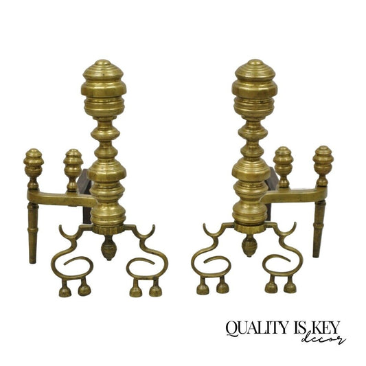 Antique Federal Style Turned Brass & Cast Iron Fireplace Andirons - a Pair