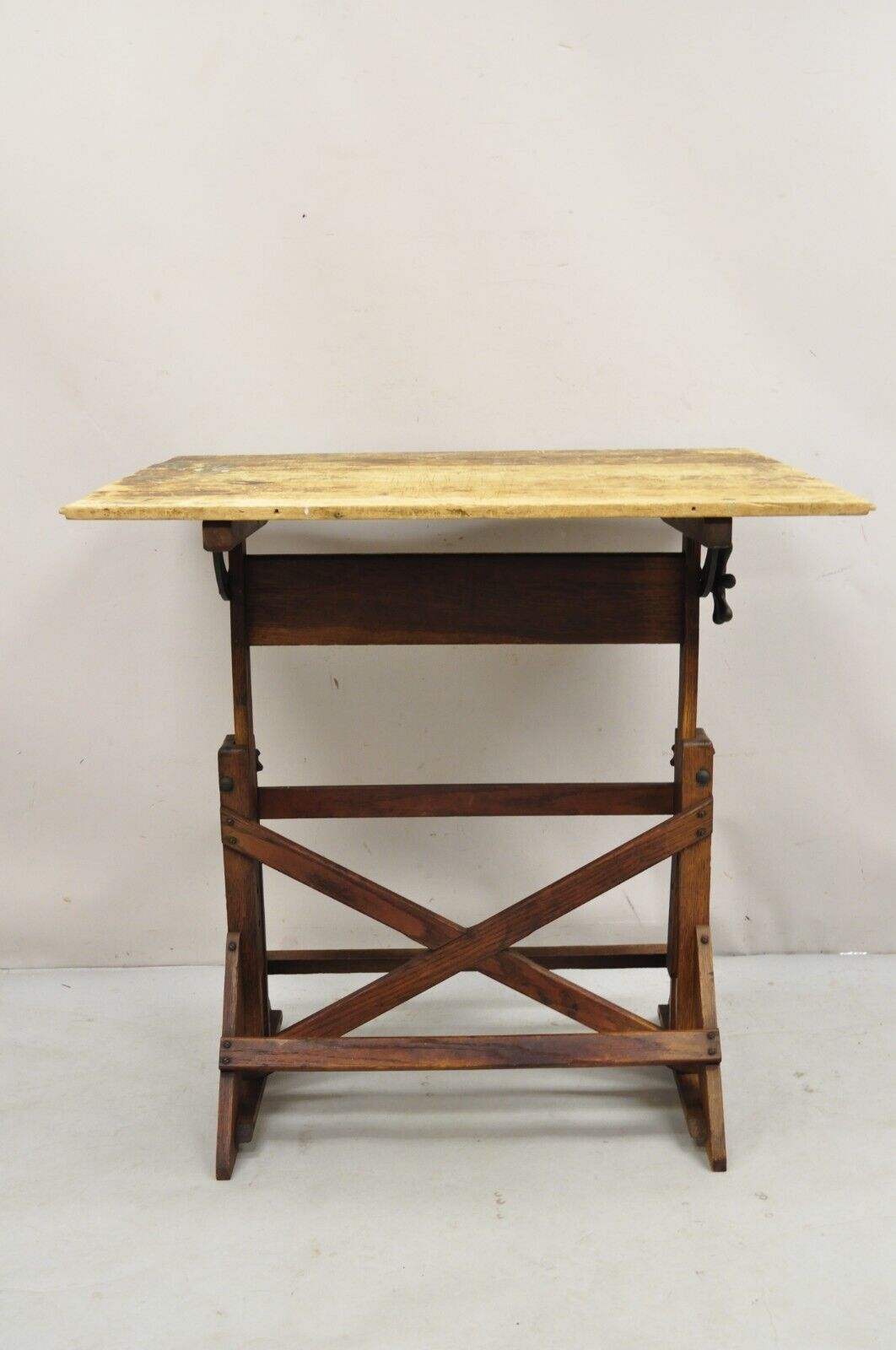 Vintage F. Weber Co Pine Wood and Cast Iron Adjustable Drafting Table Desk