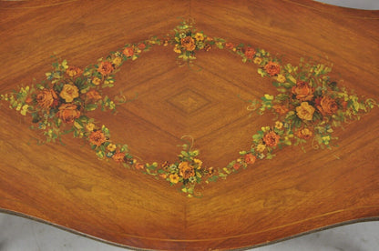 Vintage French Louis XV Style Walnut Coffee Table with Hand Painted Floral Top