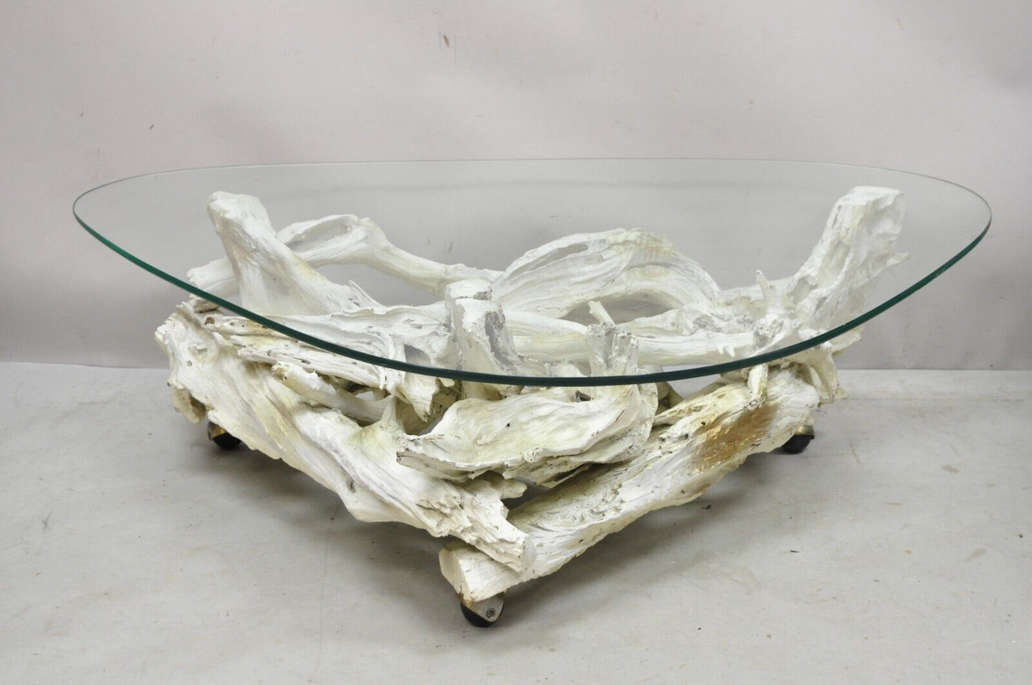 Vintage Mid Century Modern White Driftwood Base Glass Top Coffee Table