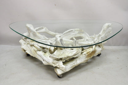 Vintage Mid Century Modern White Driftwood Base Glass Top Coffee Table