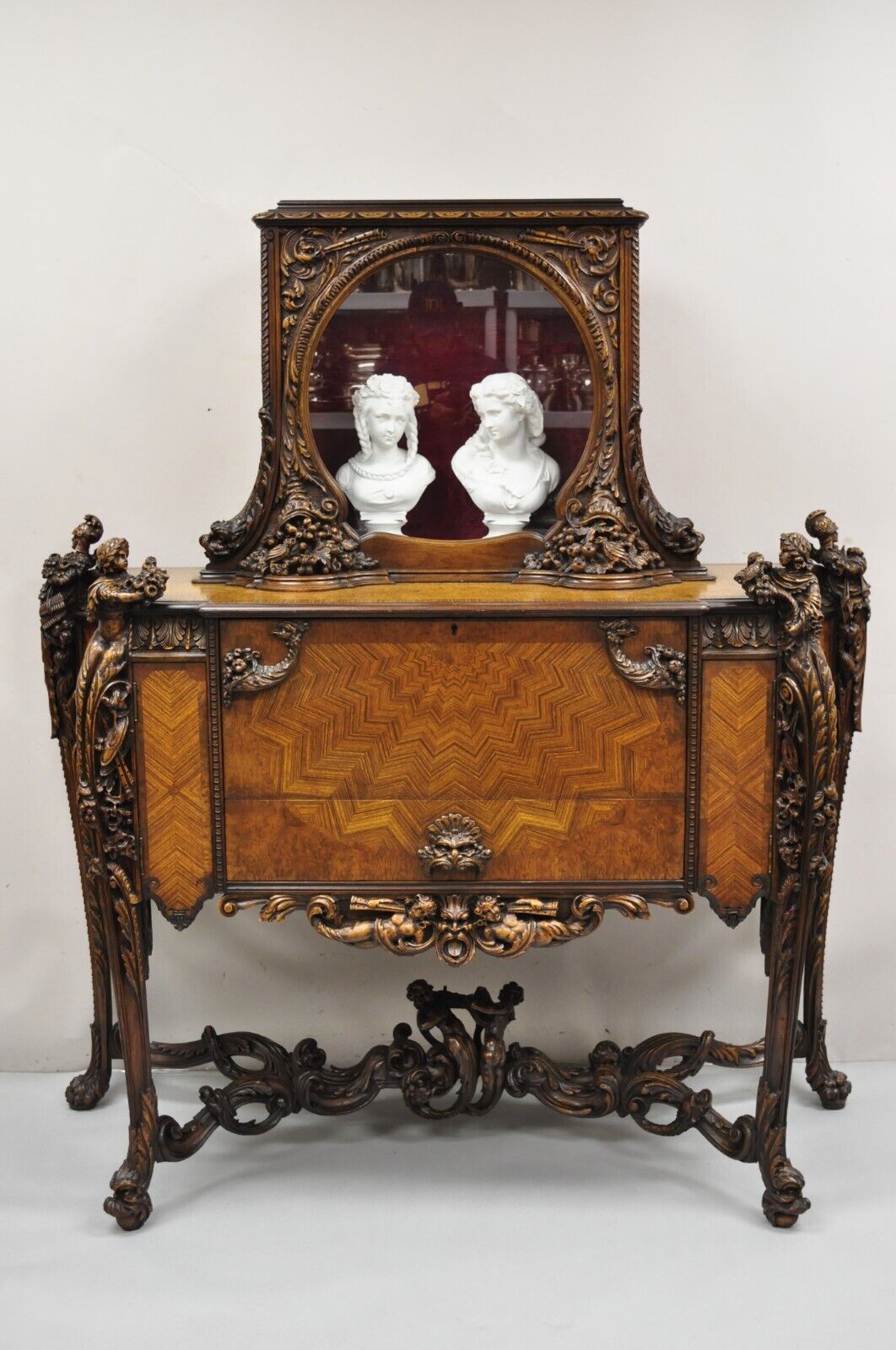 French Renaissance Louis XV Style Figural Carved Walnut Curio Display Buffet