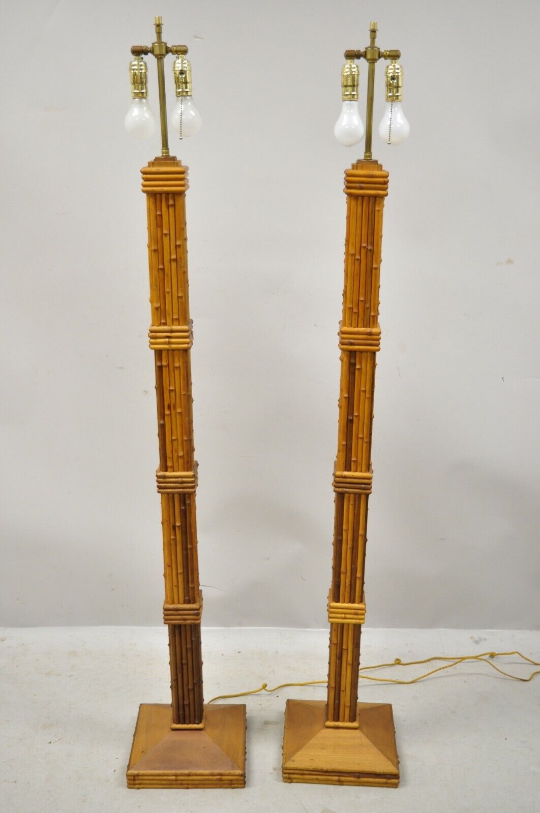 Vintage Tiki Rattan Hollywood Regency Wood Faux Bamboo Floor Lamps - a Pair