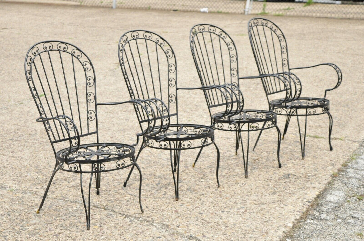 Vintage Italian Regency Wrought Iron Fan Back Sunroom Dining Chairs - Set of 4