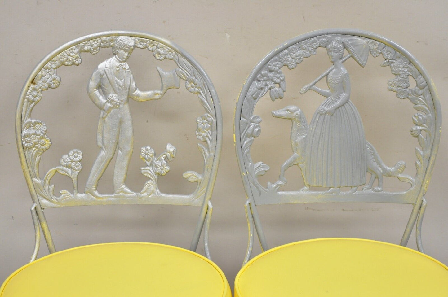 Victorian Style Cast Aluminum Courting Scene Garden Patio Bistro Chairs - a Pair