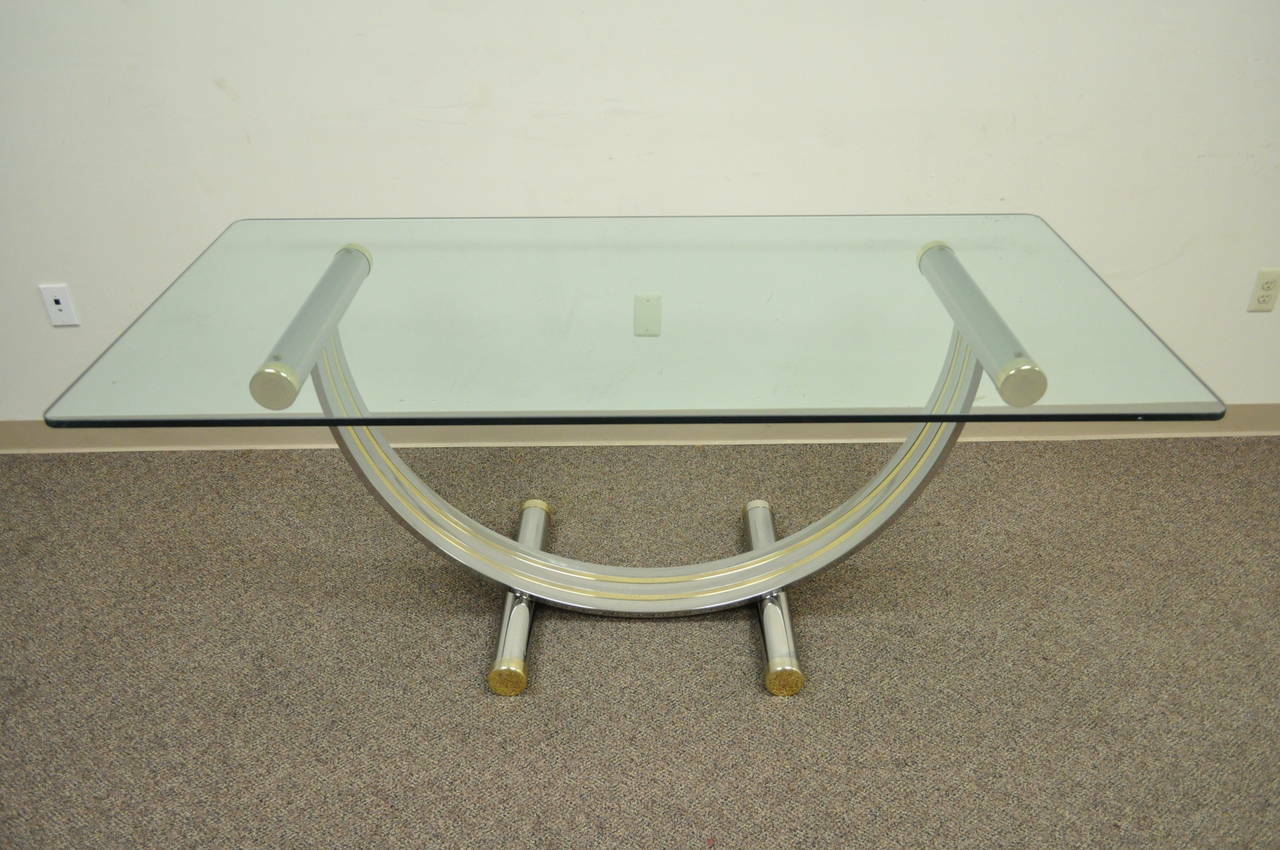 Mid Century Modern Romeo Rega Style Chrome Brass and Glass Arch Dining Table