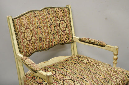 Vintage French Provincial Cream Distress Painted Lounge Arm Chairs and Ottoman