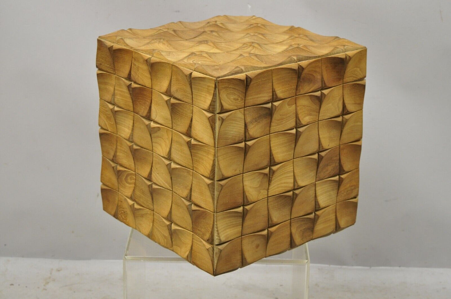 3 Dimensional Geometric Wood Carved Modern Cube Ottoman Stool Square Side Table