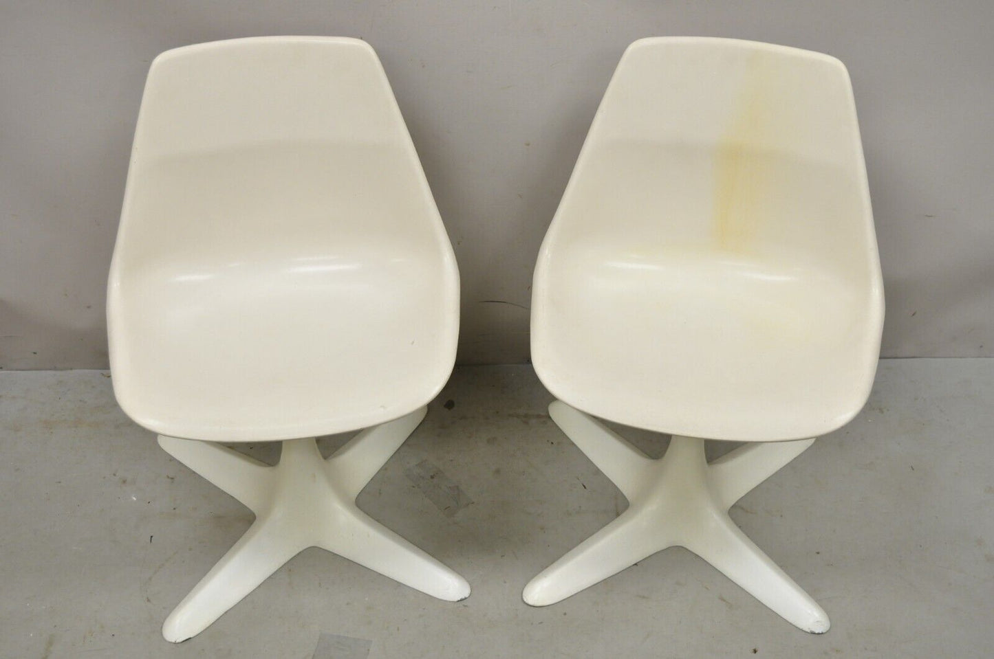 Mid Century Modern Burke Style Propeller Base Small White Swivel Chairs - a Pair