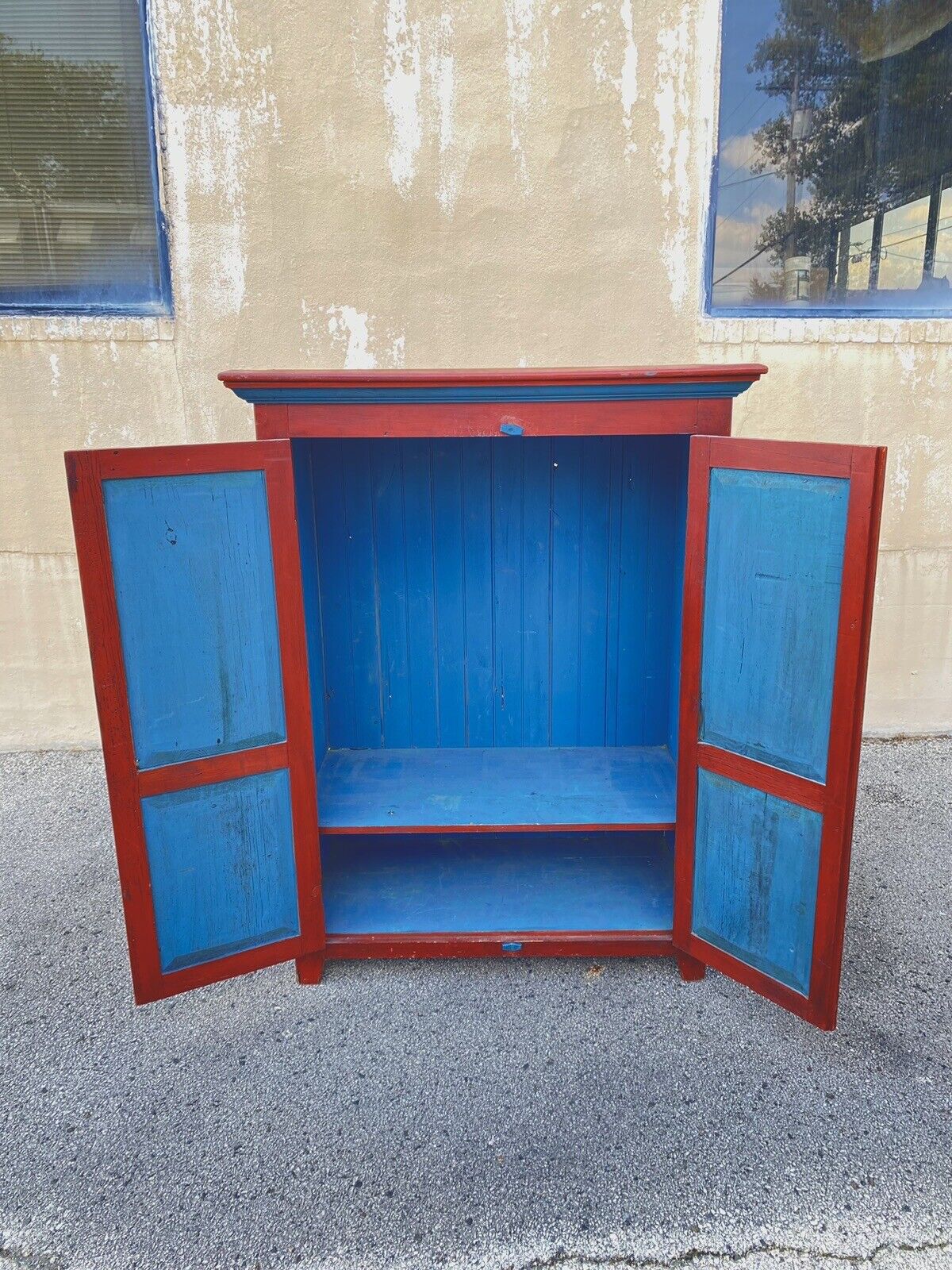 Country Farmhouse Red & Blue Forest Carved Wardrobe TV Entertainment Cabinet
