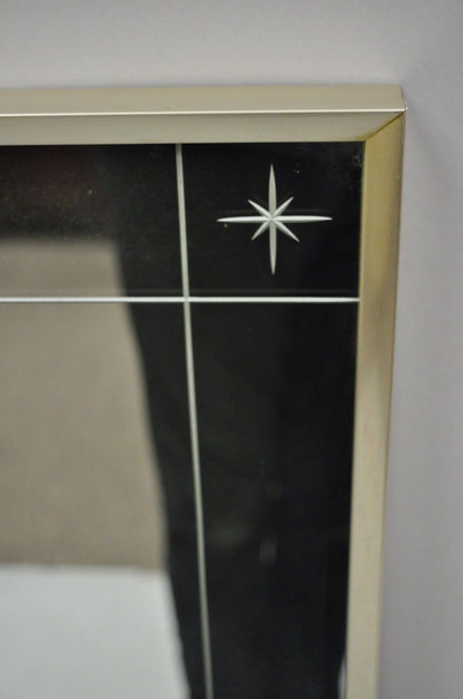 Vintage Mid Century Modernist Etched Star Frame Wall Mirror w Silver Metal Frame