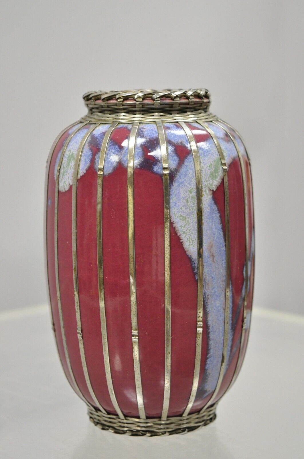 Vintage Japanese Meiji Basket Weave Silver Overlay 5.5 Small Pink Vase