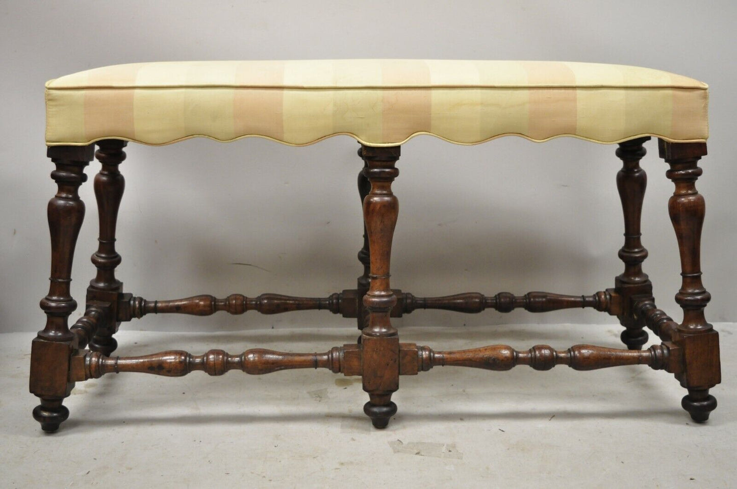 Antique Italian Renaissance Jacobean 6 Turn Carved Walnut Legs Upholstered Bench