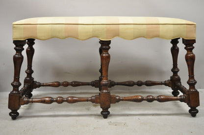 Antique Italian Renaissance Jacobean 6 Turn Carved Walnut Legs Upholstered Bench