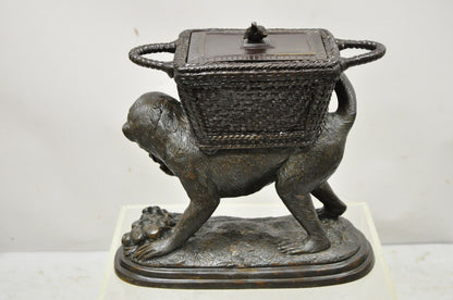 Maitland Smith Cast Bronze Monkey w/ Lidded Basket Planter Pot Statue Sculpture