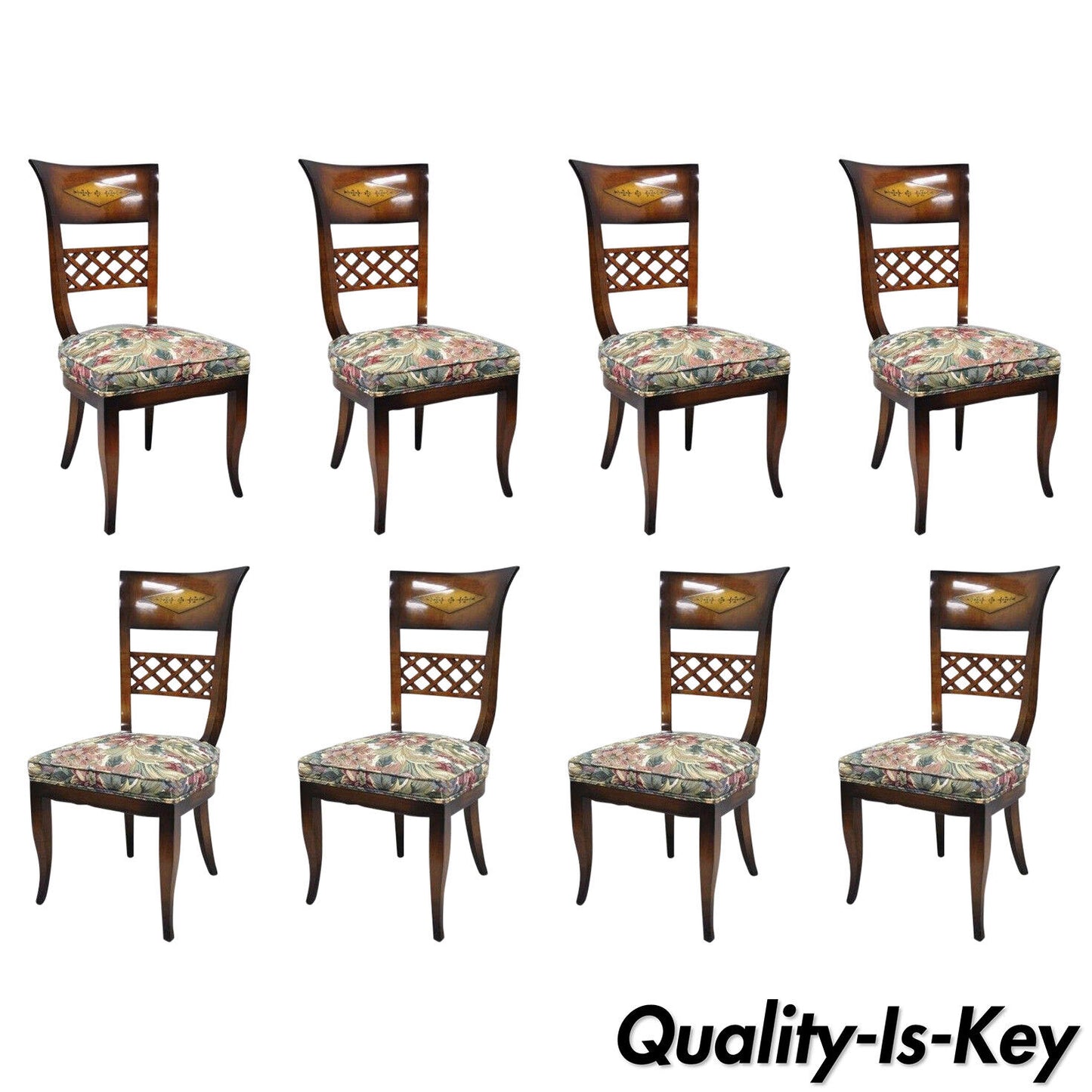 8 Italian Neoclassical Style High Back Lattice & Brass Inlay Dining Chairs
