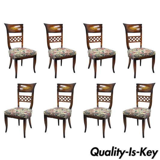 8 Italian Neoclassical Style High Back Lattice & Brass Inlay Dining Chairs