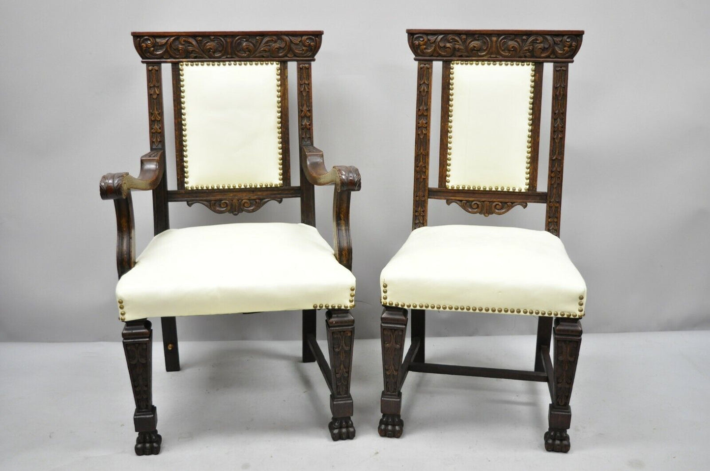 6 Antique Italian Renaissance Carved Oak Wood Upholstered Dining Chairs