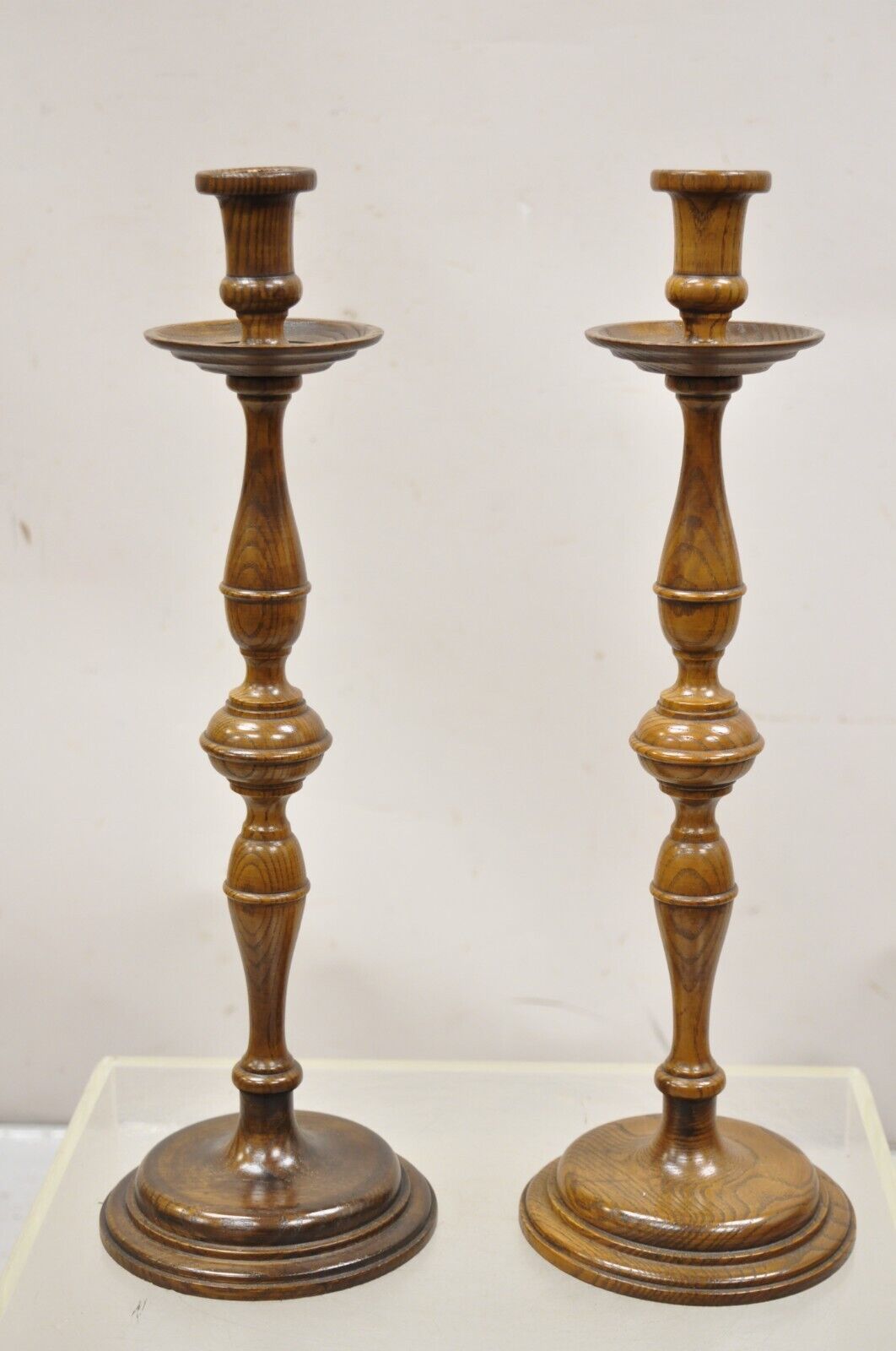 Vtg Italian Renaissance Jacobean Turn Carved Oak Wood 18.5" Candlesticks a Pair