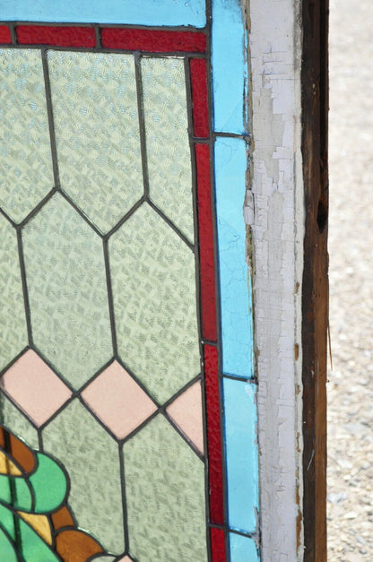 Victorian Leaded Stained Glass Blue Green Pink Orange Fleur De Lis 34x40 Window