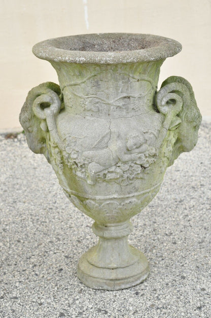 French Neoclassical 28" Concrete Figural Cherub Rams Garden Planters - a Pair