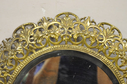 Antique French Renaissance Style Round Leafy Brass Frame Small Beveled Mirror