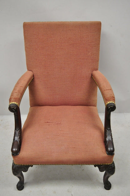 Antique Carved Mahogany Georgian Figural Dolphin Upholstered Library Arm Chair